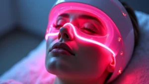Close-up of woman's face during LED light therapy treatment wearing futuristic pink and red light mask in modern spa setting, professional dermatology clinic environment, photorealistic high-resolution