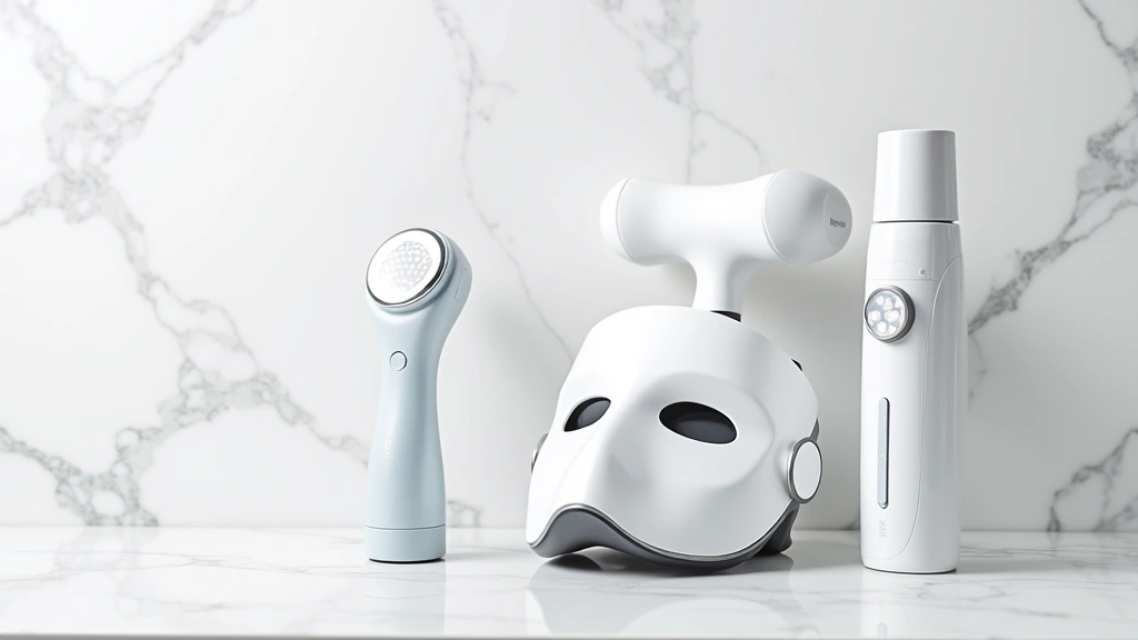 Collection of beauty tech devices arranged on white marble surface including LED mask, microcurrent device, and ultrasonic cleanser, professional product photography style, modern minimalist aesthetic