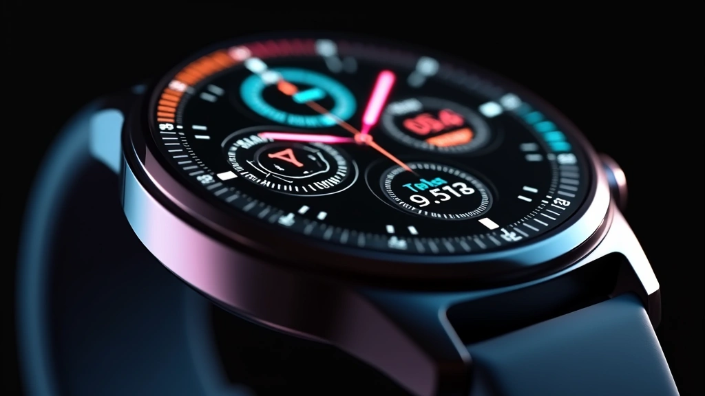Close-up of premium smartwatch display showing vibrant AMOLED screen with fitness metrics and health data, modern minimalist design, professional photography lighting