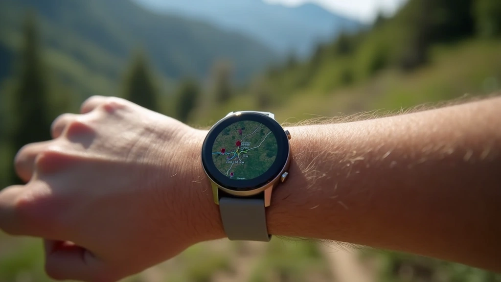 Action shot of smartwatch worn during outdoor hiking activity showing terrain navigation on display, wrist-worn perspective, natural daylight outdoor environment, active lifestyle context