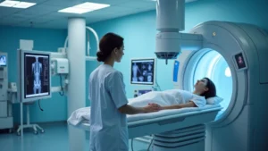 Modern hospital radiology department with technologist operating digital X-ray equipment, patient positioning, professional medical environment with monitors displaying imaging data