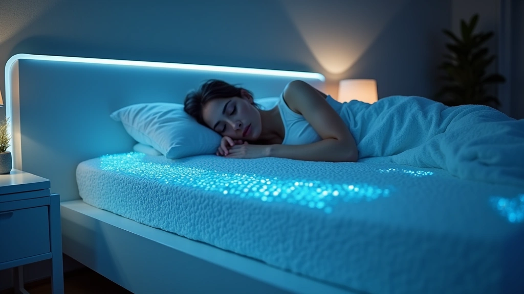 Modern smart bed with LED lighting and digital control panel, person sleeping peacefully with temperature-controlled mattress, close-up of embedded sensors in mattress fabric