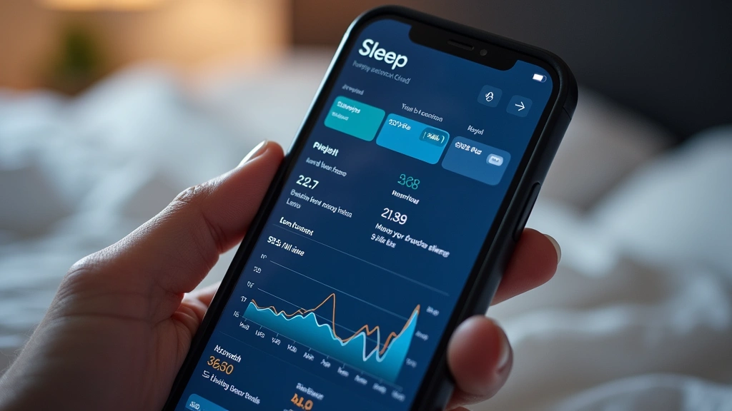Smartphone displaying sleep analytics dashboard with heart rate graphs and sleep stage breakdowns, user reviewing biometric data from smart bed app interface