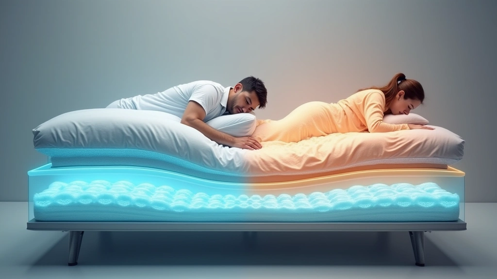 Couple sleeping on opposite sides of smart bed with different temperature zones, independent air chambers visible beneath transparent mattress section, motion isolation demonstration