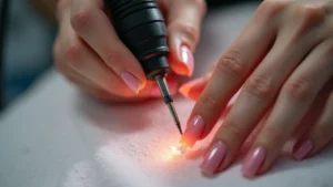 Professional nail technician working with electric nail drill on client's acrylic nails, bright salon lighting, close-up detail of drill bits and nail application