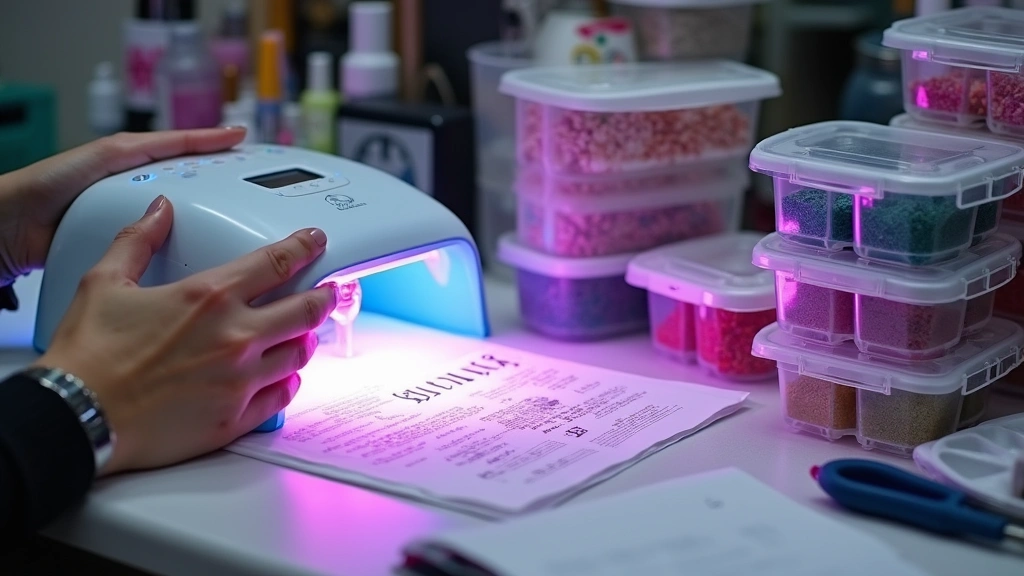 Nail technician's workstation with LED lamp curing gel polish, organized supply containers, protective equipment, and professional salon setup with manicure station