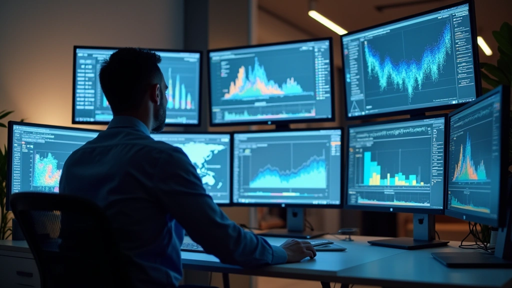 Modern tech professional analyzing behavioral data on multiple monitors with heat maps and analytics dashboards displayed, professional office setting with minimalist design