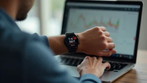 Person wearing smartwatch displaying heart rate and stress metrics on screen, sitting at desk with laptop, natural office lighting, photorealistic