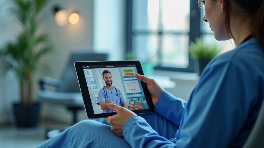 A healthcare provider using a tablet with teletherapy interface, sitting in a modern clinical office with soft lighting, showing video consultation features and patient data dashboard, realistic professional setting
