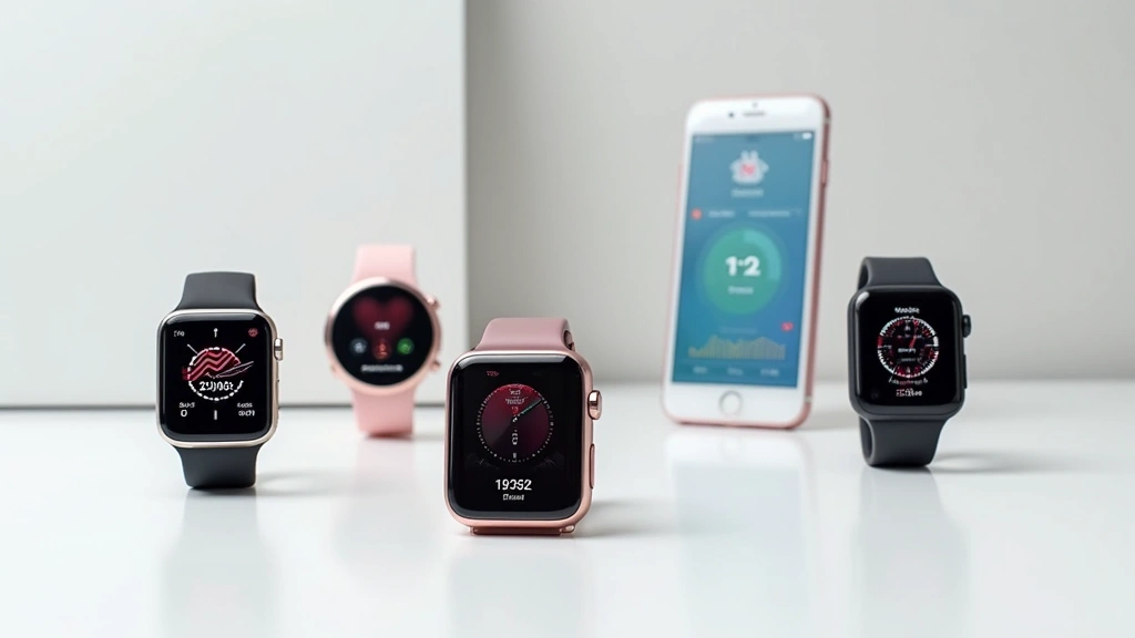 Multiple smartwatches and wearable devices displayed on a white surface showing heart rate and wellness metrics, with a smartphone displaying mental health monitoring app in the background, clean modern presentation