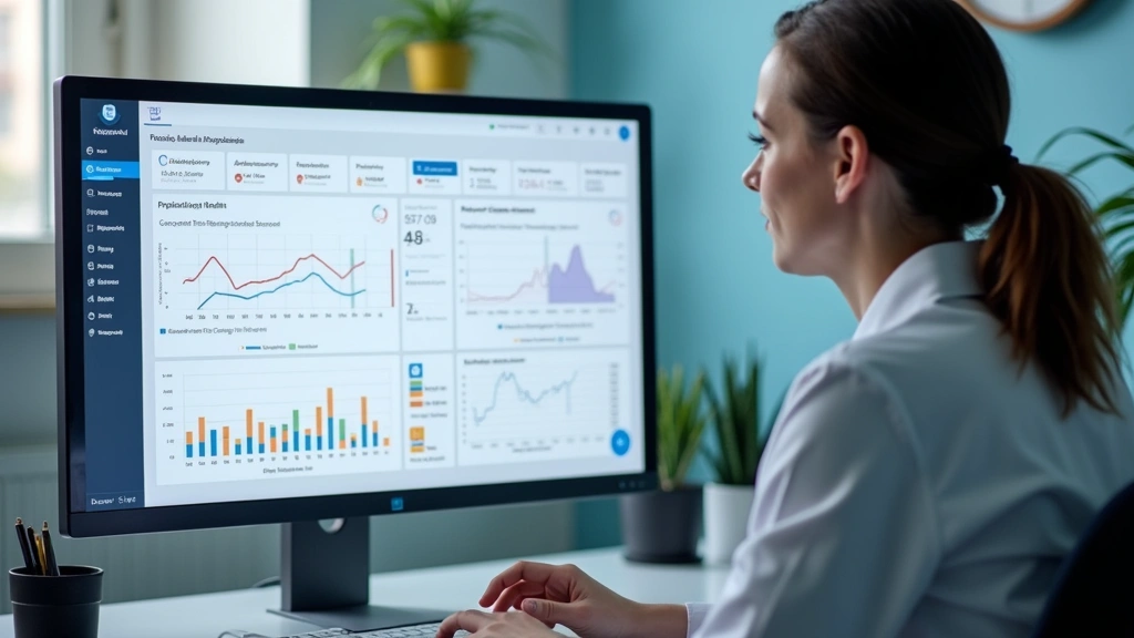 A behavioral health professional reviewing analytics dashboard on a desktop monitor showing patient outcome graphs, treatment effectiveness charts, and population health metrics in a clinical workspace