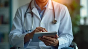 Close-up of a psychiatrist with tablet reviewing digital mental health records in modern clinic office, warm professional lighting