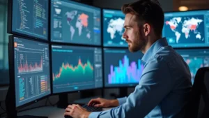 Professional data scientist analyzing behavioral metrics on multiple monitors in modern tech office, focused expression, colorful data visualizations and charts displayed, natural lighting from windows, professional attire