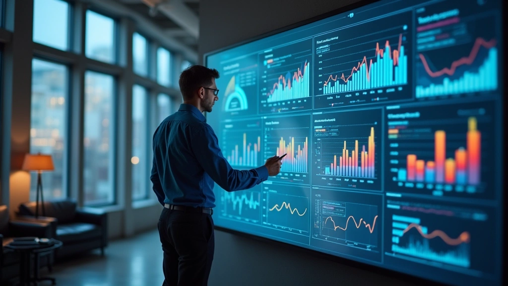 Professional behavioral scientist analyzing user engagement metrics on large interactive display in modern tech company office, wearing business casual attire, surrounded by behavioral data visualizations