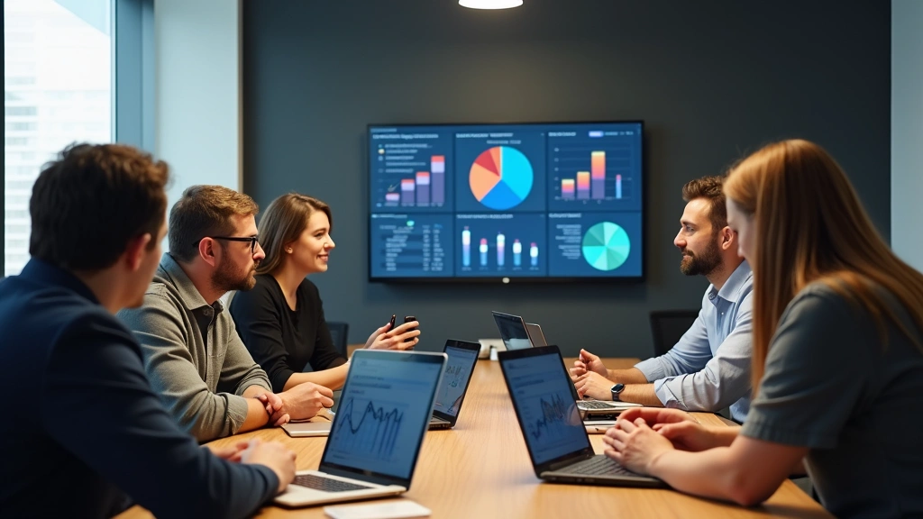 Team of behavioral tech professionals collaborating around conference table with laptops showing analytics dashboards, discussing user behavior patterns and product insights in startup environment