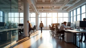 Modern open-plan office with natural lighting, ergonomic standing desks, collaborative workspace with employees working, professional contemporary design, bright and spacious
