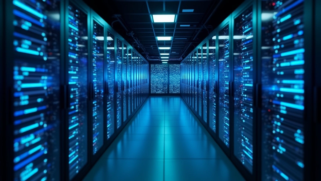 Smart building control systems visualization, network infrastructure technology display, fiber optic connections, modern server room with blue ambient lighting