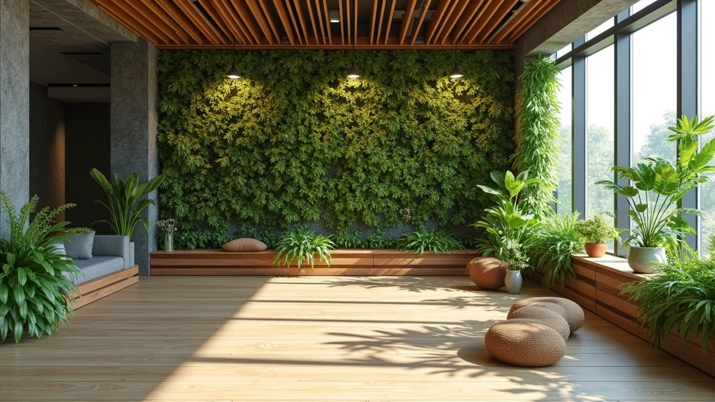 Sustainable office environment with living plant walls, natural materials, biophilic design elements, employee wellness space with yoga area, peaceful and healthy atmosphere