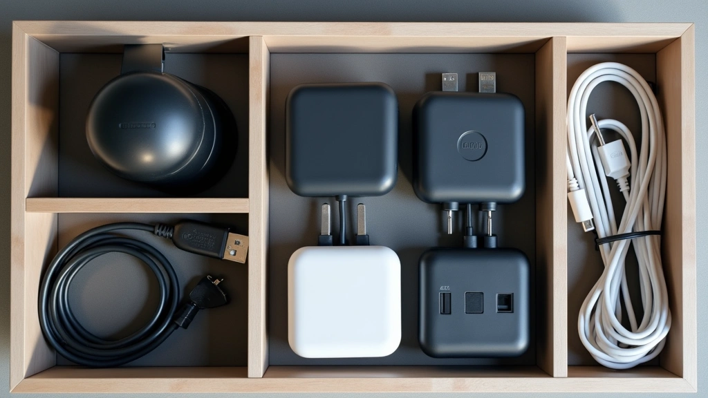 Close-up overhead flat lay of organized tech cables, USB adapters, and small electronics neatly arranged in compartments with neutral color palette, professional studio lighting