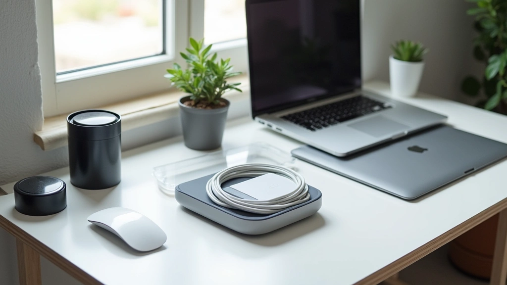 Minimalist workspace desk setup featuring organized tech accessories, cable organizer kit, laptop, and peripheral devices arranged with clean aesthetic, natural window lighting
