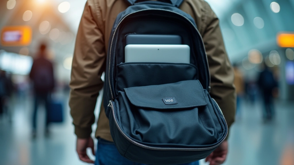 Traveler's backpack open showing compact tech organizer kit tucked alongside laptop and accessories, airport or transit environment background slightly blurred, professional photography style