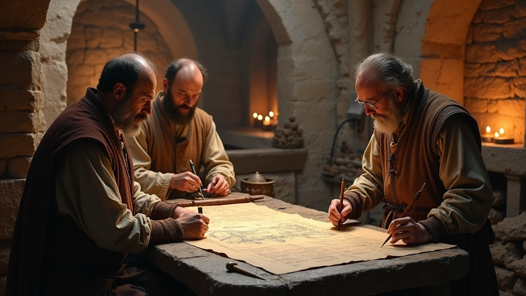 Medieval technology workshop with craftsmen studying blueprints and ancient scrolls, stone tables with tools and writing implements, candlelit stone building interior, photorealistic detailed craftsmanship scene