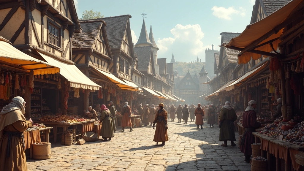 Bustling medieval marketplace with multiple vendor stalls, merchants trading goods, wooden structures and cloth canopies, diverse population trading items, dynamic commerce activity, photorealistic town square