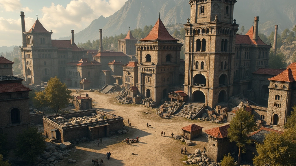 Advanced medieval industrial complex with multiple production buildings, organized resource storage, efficient workflow systems, sophisticated architecture, multiple workers coordinating activities, photorealistic settlement overview