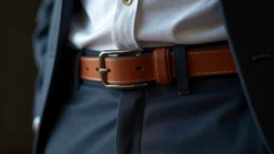 Close-up of premium leather smart belt with embedded sensor technology visible, sleek minimalist design, professional business casual aesthetic, high-quality materials