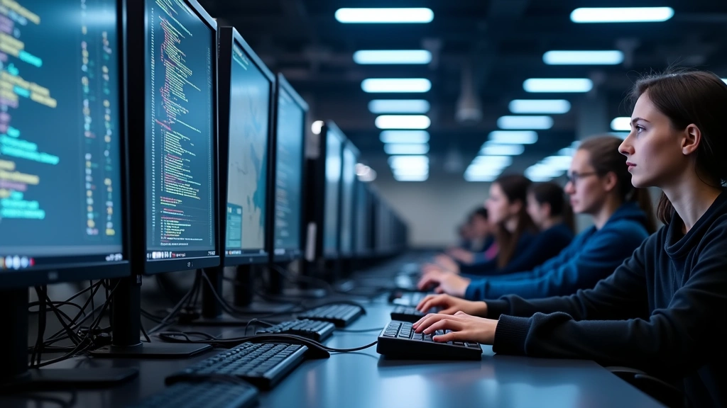 Modern computer lab with rows of high-performance desktop workstations, multiple monitors displaying code editors and development environments, professional lighting, clean organized cables, students working at stations in background