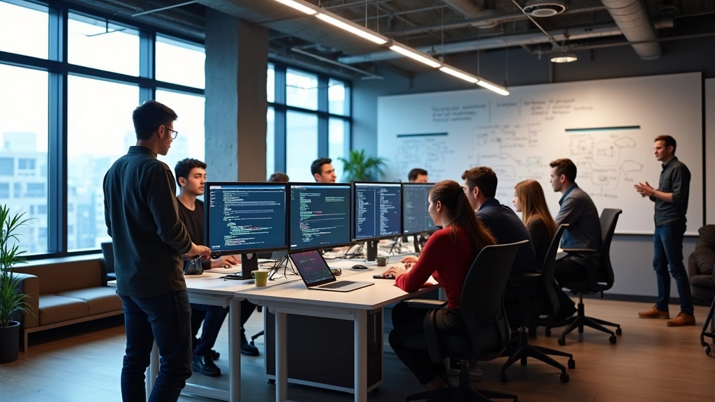 Collaborative tech workspace with standing desks, large monitors showing collaborative coding sessions, whiteboard with architecture diagrams, diverse group of students and mentors in discussion, comfortable modern furniture