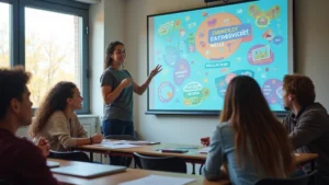 Modern classroom with interactive smart board displaying colorful educational content, diverse students engaged in collaborative learning, bright natural lighting from windows