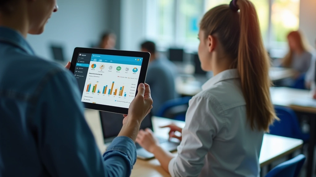 Teacher using tablet to monitor student progress on learning management system dashboard, classroom background with technology-enabled desks, professional educational environment