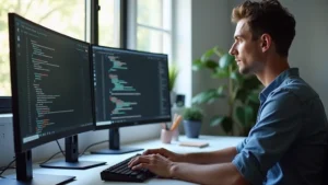 Professional developer working at modern desk with dual monitors displaying code, typing on mechanical keyboard, focused expression, natural daylight from window, minimalist workspace aesthetic