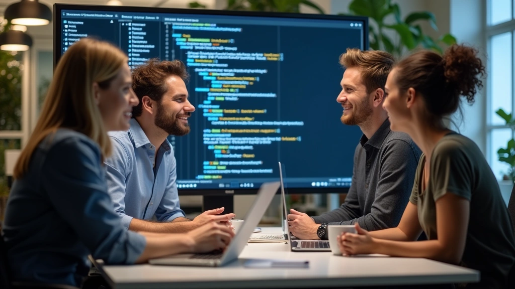 Diverse group of tech professionals collaborating in open office, reviewing code on large display screen, casual discussion, modern tech company environment, coffee cups on desk, collaborative energy
