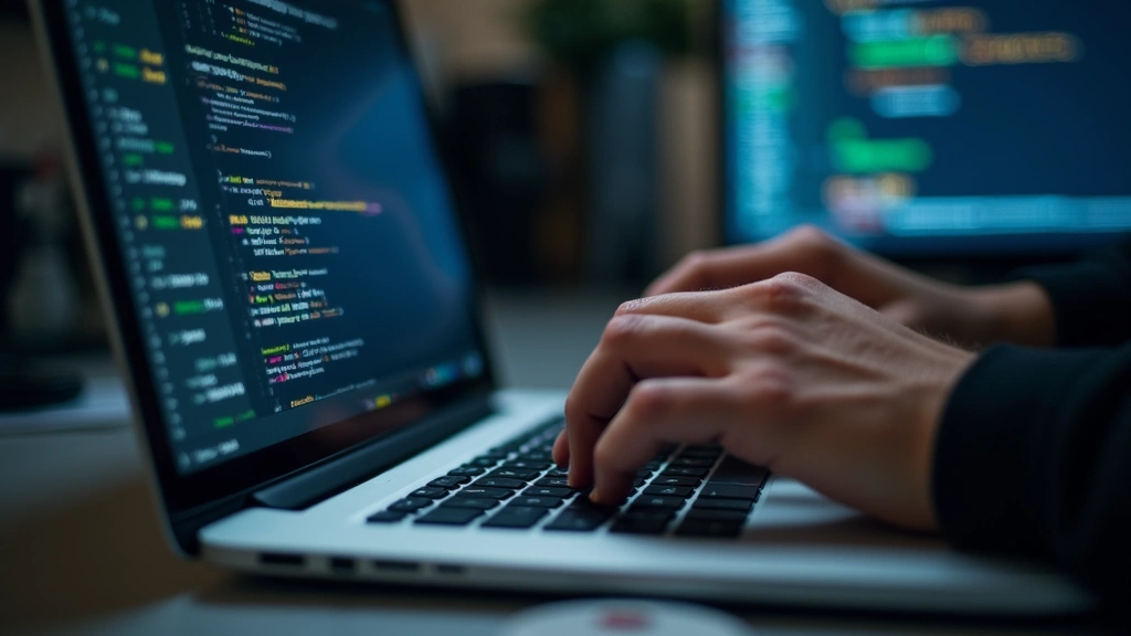 Closeup of hands typing on laptop keyboard with lines of code visible on screen, syntax highlighting in editor, professional programming setup, technical focus