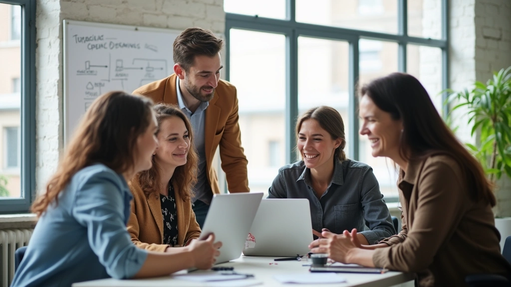 Group of diverse young professionals collaborating around laptop in casual tech startup office environment, brainstorming on whiteboard with technical diagrams, bright modern interior