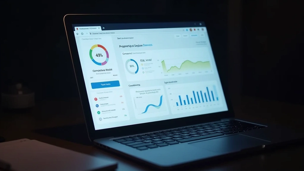 Laptop screen showing progress dashboard with completion metrics, skill assessment charts, and learning analytics, minimalist interface design, glowing screen in dim lighting