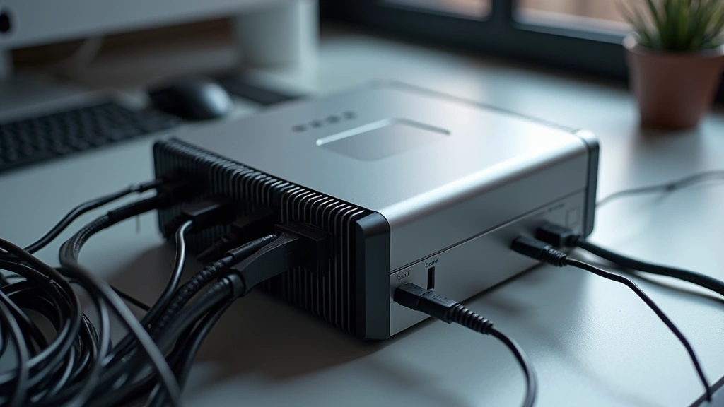 Professional tech workstation device with aluminum chassis, compact form factor, minimalist design, sitting on modern desk with cables neatly organized