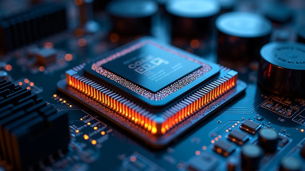 Close-up of high-performance processor chip and heat dissipation system showing advanced cooling design, technical precision, professional hardware engineering