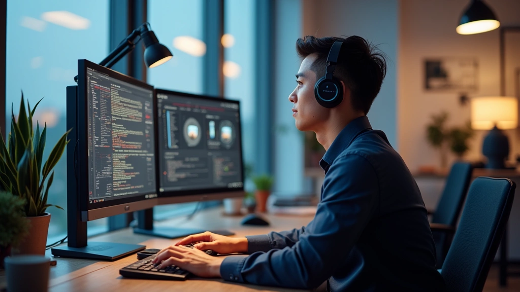 Professional using Bend Tech device in modern office environment, focused work session, multiple monitors, creative workspace with technology integration