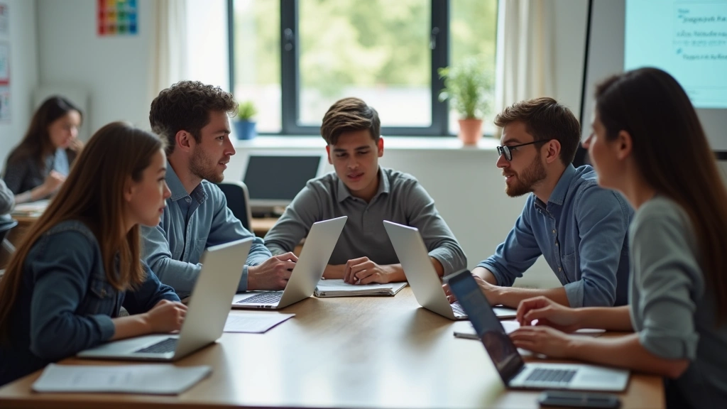 Student collaborating in tech classroom environment with laptops and whiteboards, diverse group problem-solving together, bright educational setting, authentic interaction