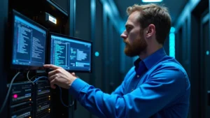 Professional network engineer configuring SIP trunking system on server rack with multiple ethernet cables and monitoring displays, modern data center environment with blue LED indicators