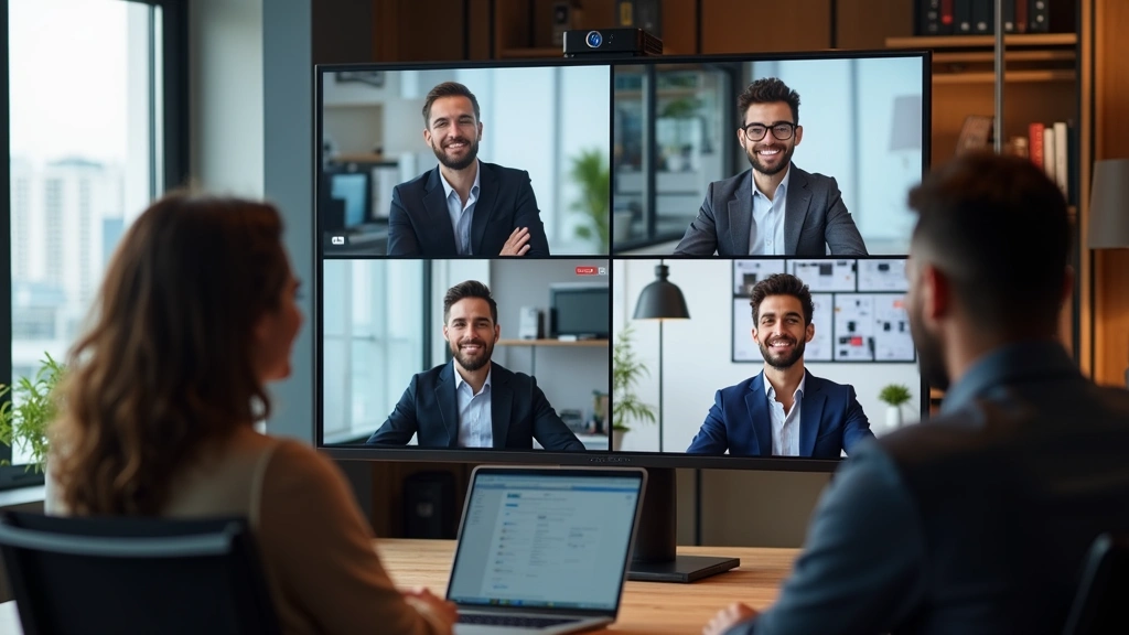 Business team collaborating across multiple locations during video conference call, showing remote workers on different screens with clear HD video quality, modern office and home work settings