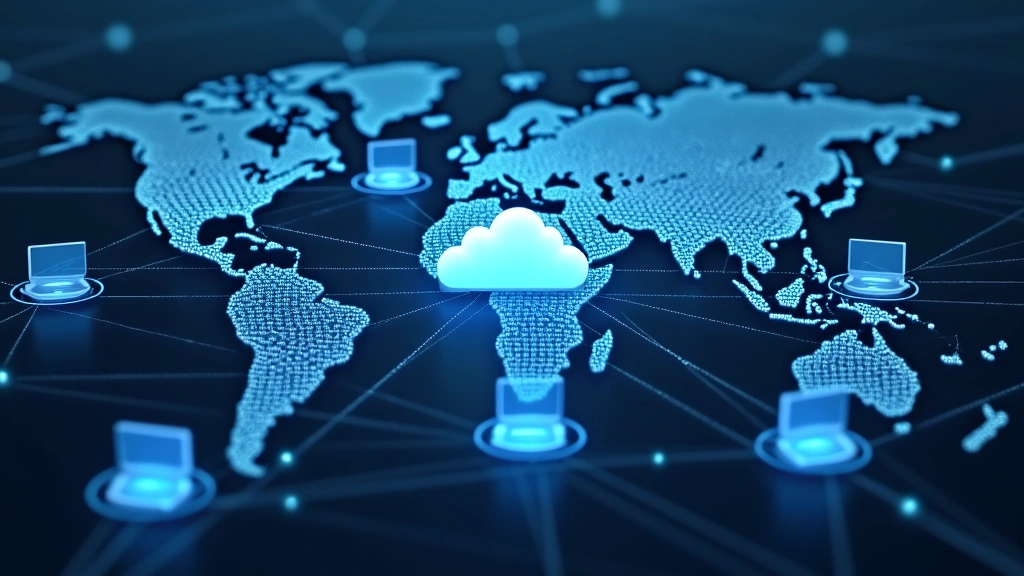 Cloud infrastructure visualization showing distributed SIP trunking network with geographic redundancy, data centers across multiple regions with connecting lines, digital network topology illustration