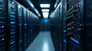 Modern computer networking lab with Cisco switches and routers on black equipment racks, professional network cables organized neatly, blue LED indicator lights glowing, overhead professional lighting, no text or logos visible