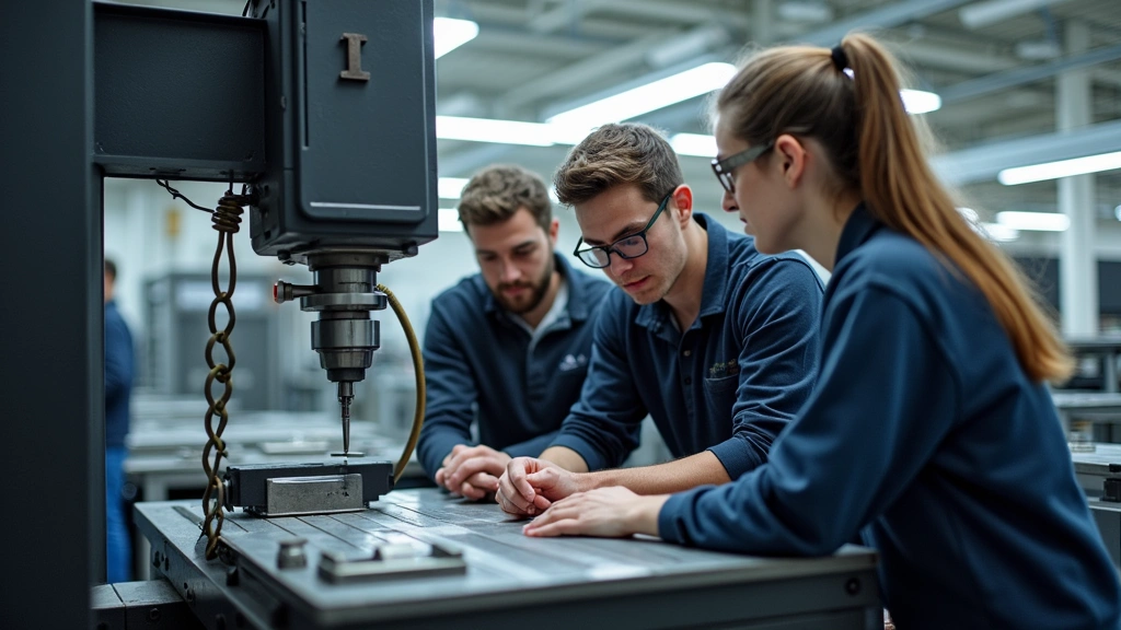 Students collaborating around industrial CNC machining equipment in a bright technical workshop, metal parts and precision tools visible, safety equipment worn, natural and overhead lighting, focused work environment
