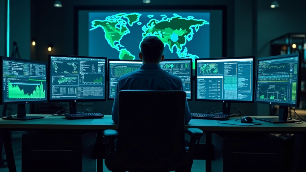 Professional cybersecurity operations center with multiple computer monitors displaying network dashboards and security analytics, dark tech aesthetic with blue and green data visualizations, modern ergonomic workstations, no readable screen text