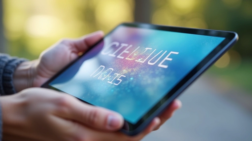 Close-up of tablet display showing vibrant colors and sharp text, held at angle in natural daylight, reflecting quality screen technology and brightness