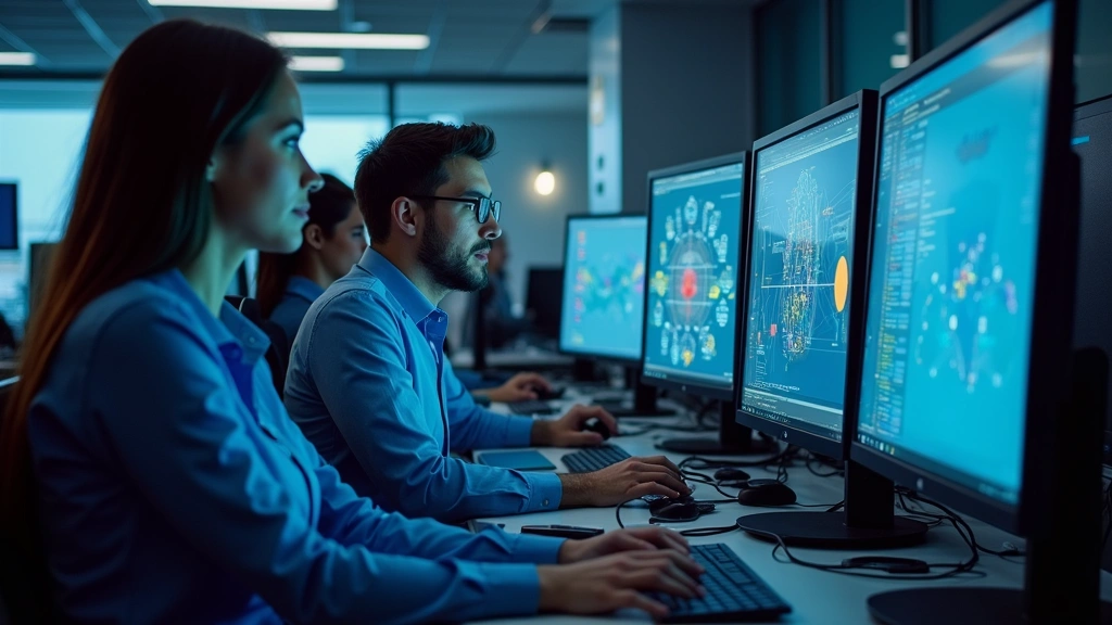 Professional students working together at modern computer networking lab workstations with Cisco equipment and multiple monitors displaying network diagrams and configuration interfaces